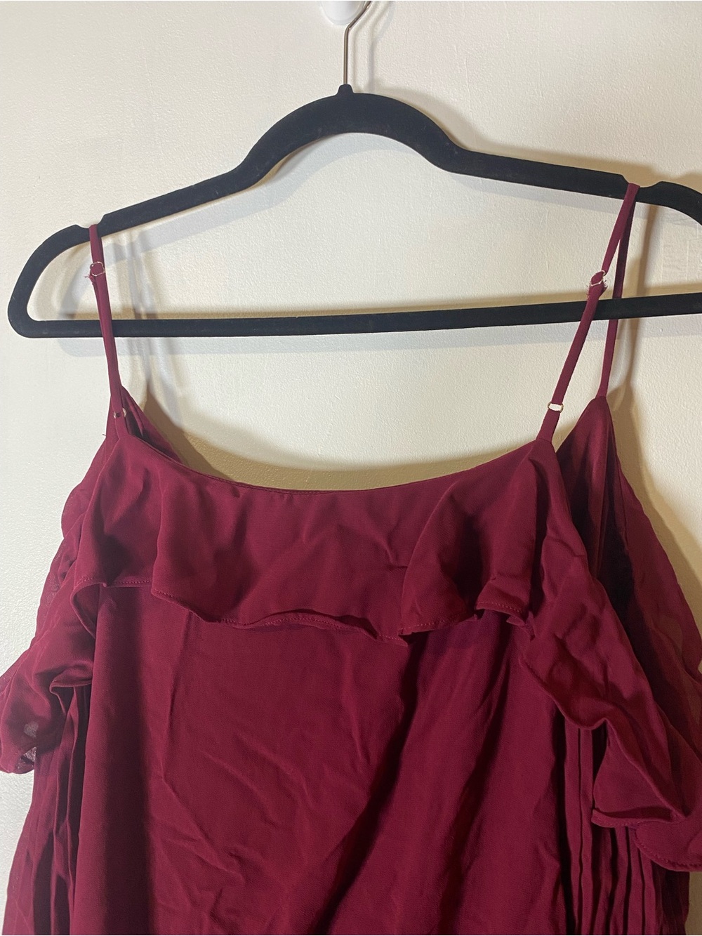 Romantic Wine Red Cold Shoulder Crop Top XL Bell Sleeve Ruffle‎ Faux Wrap Boho - Picture 8 of 9